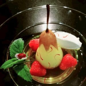 Saffron Poached Pear - With chilli chocolate & hazelnut, Smooth mascarpone cheese, & ginger wine liqueur