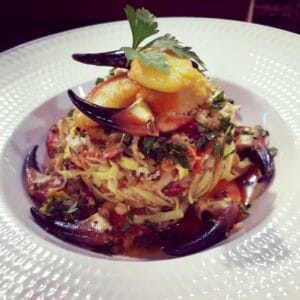 Pembrokeshire Crab & Crayfish - Fresh egg linguine with chilli & fennel‑seed sauce, Garnished with bottarga, fresh garden herbs, & Extra virgin oil